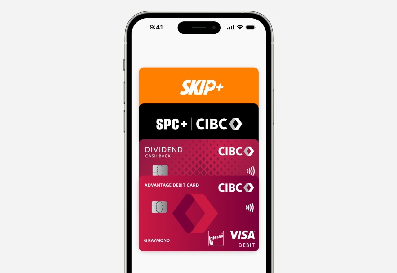 A CIBC Dividend Visa card, a CIBC Debit card, an SPC+ card, and a Skip+ card are displayed together.