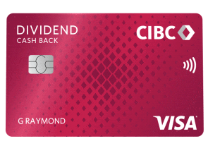 a CIBC Dividend Visa card, a CIBC Debit card, an SPC+ card, and an Skip+ card are displayed together.
